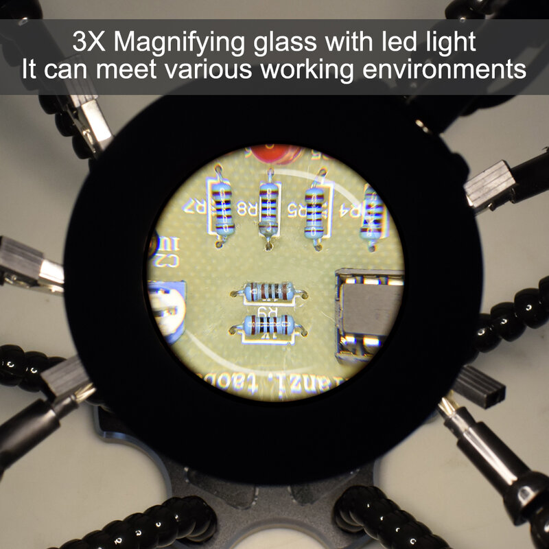 NEWACALOX che aiuta a saldare le mani di terza mano con 6 bracci flessibili lente d'ingrandimento a LED 3X per saldatura, assemblaggio, riparazione