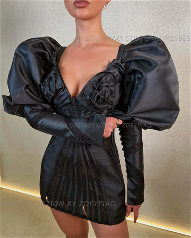 Gaun malam pendek selubung hitam mewah rok lengan penuh Satin Mini seksi gaun acara acara pesta Formal kerah V