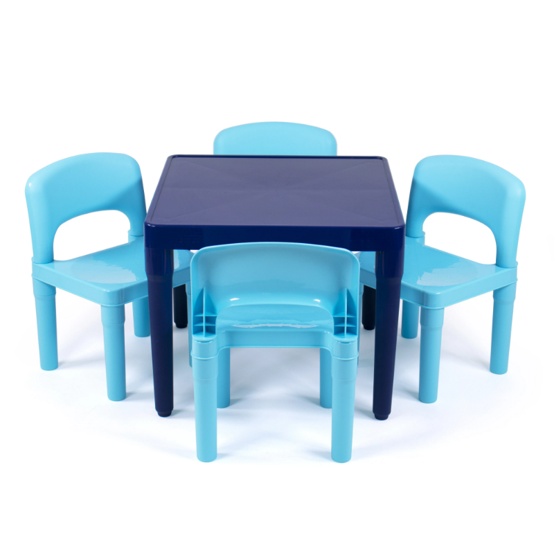 BOUSSAC Kids mesa plástica leve e 4 cadeiras conjunto, quadrado, multi-azul