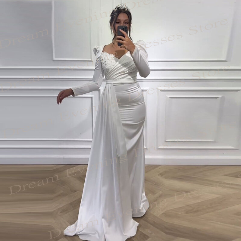 Gaun malam Modern putri duyung wanita putih cantik populer gaun Prom kristal kerah V menawan jubah manik-manik Lengan Panjang De Soiree