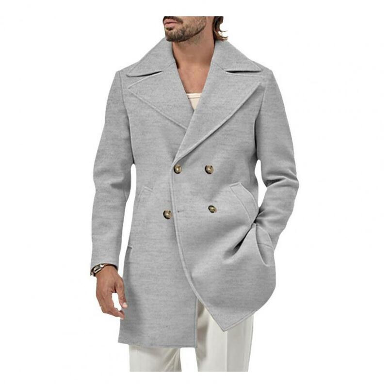 Double-breasted Coat With Pockets Stylish Men's Double-breasted Winter Overcoat Thick Warm Trendy With Mid Length Turn-down