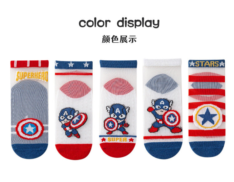 5 paia Cartoon Spiderman Iron Man Kids Socks Cotton Summer Thin traspirante calzini per bambini calzini corti per neonati 1-12 Y