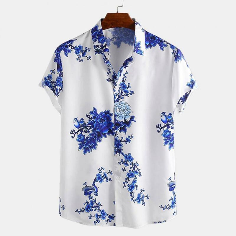 Camisa masculina com tinta estilo chinês, camisa estampada, manga curta, blusa casual, férias à beira-mar de verão, vintage, 2024