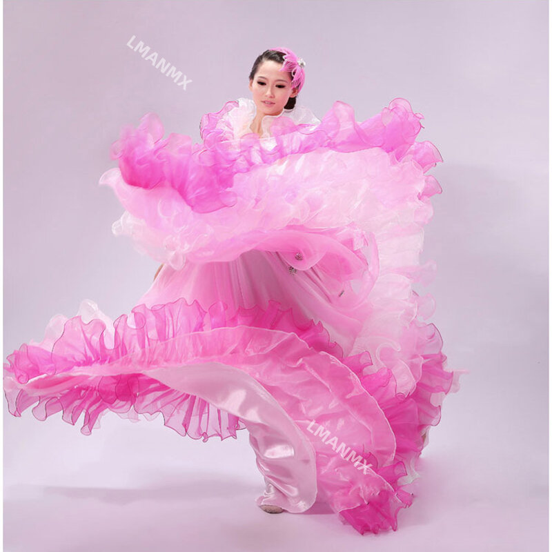 Vestido de baile de vientre español para mujer, traje largo de 360 grados para actuación en escenario, Falda roja de Flamenco