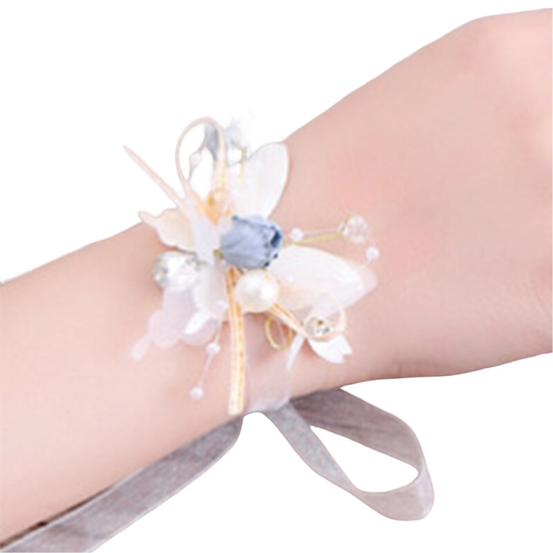 Bukiecik na nadgarstek panny młodej ślubny z perłą romantyczny ślub panna młoda opaska na rękę z kwiatem eleganckie akcesoria ślubne