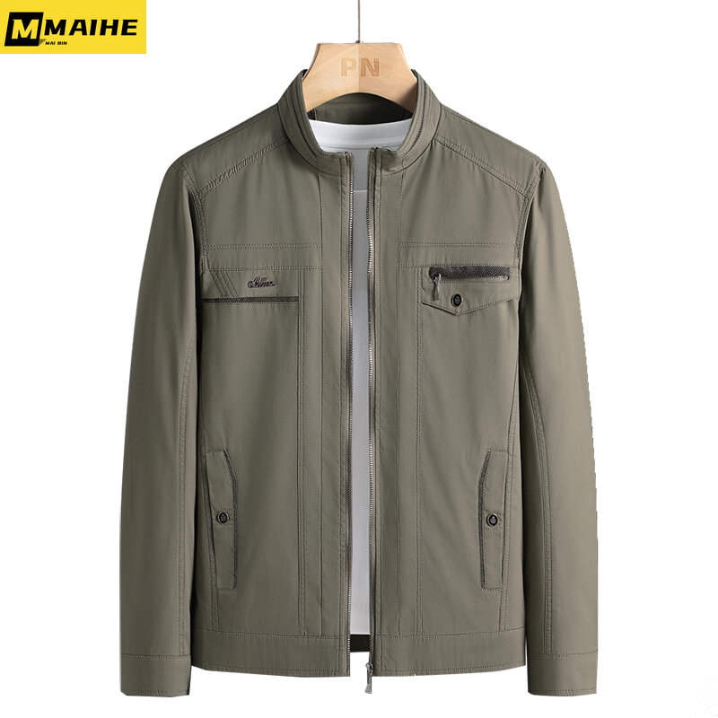 Jaket pria musim semi musim gugur 2023 mode retro kerah berdiri bisnis mantel tipis jaket kasual katun murni baju pria merek 5XL