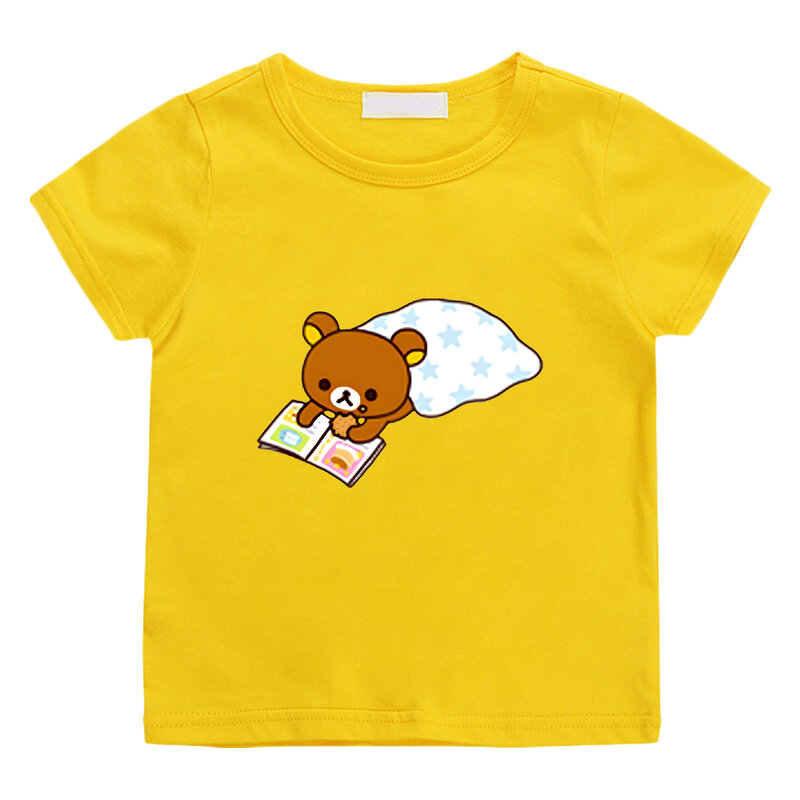 Kaus Gambar Beruang Rilakkuma Kaus Musim Panas Lengan Pendek Katun 100% untuk Anak Laki-laki/Perempuan Kaus Nyaman Anak Kaus Kawaii