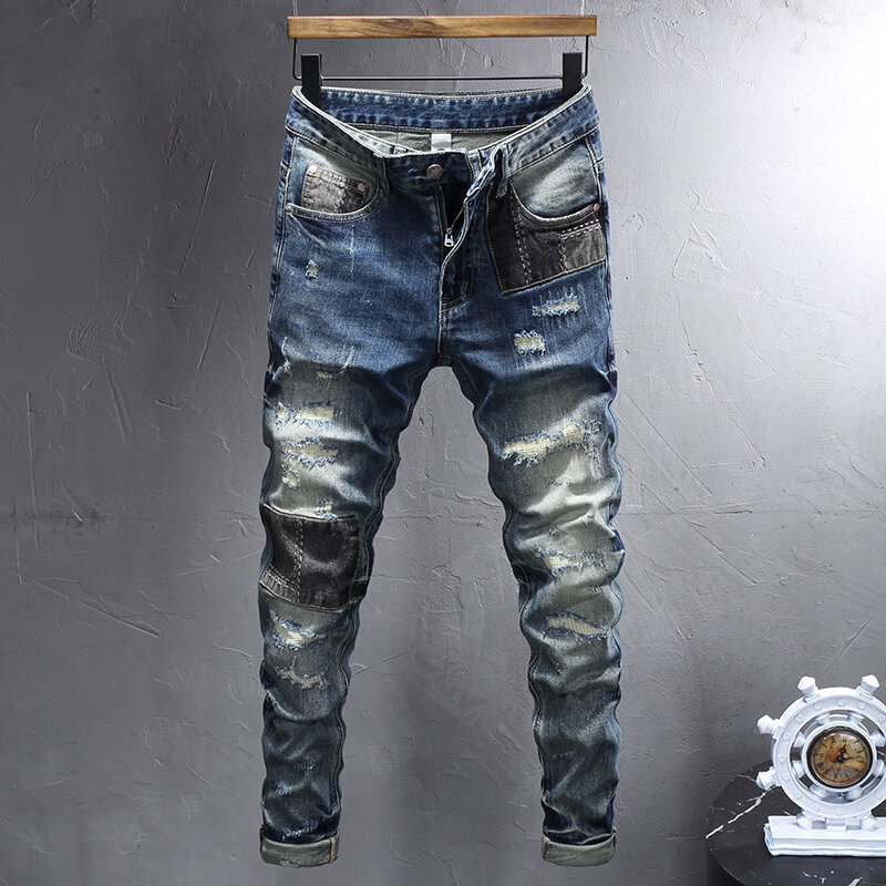 Pantalones vaqueros rasgados elásticos para hombre, Jeans Retro, azul oscuro, ajustados, empalmados, diseño parcheado, Hip Hop