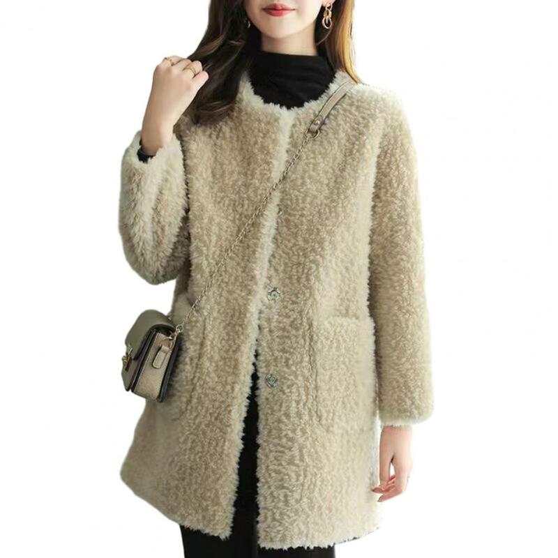 Abrigo de invierno para mujer, cárdigan térmico de felpa gruesa, abrigo largo y bolsillos con cuello redondo de Color sólido, chaqueta de longitud media para mujer