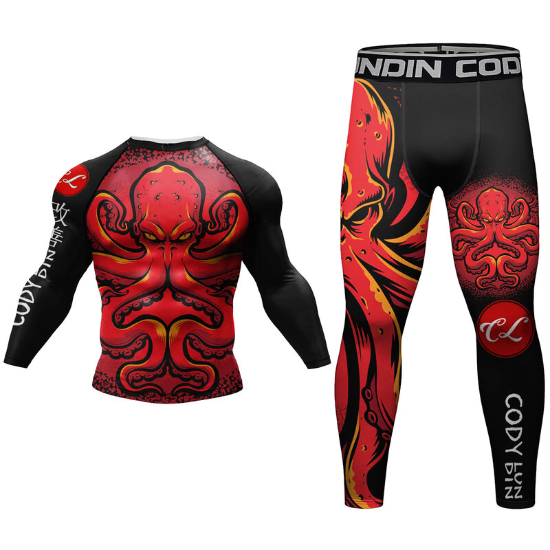 Cody Lundin 2 PCS Long Sleeve Sportsuit BJJ jiu jitsu Rashguard Shirts Bjj Grappling Compression Pants Running Active Wear