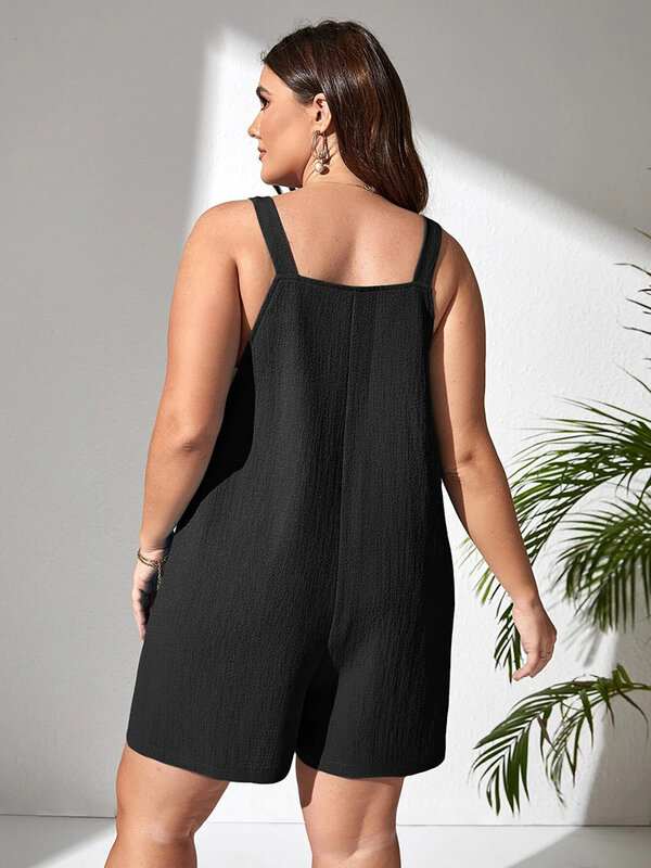 GIBSIE Plus Size Tie Shoulder Sleeveless Jumpsuit Rompers Women 2024 Summer New Fashion Pockets Casual Loose Overalls Playsuits