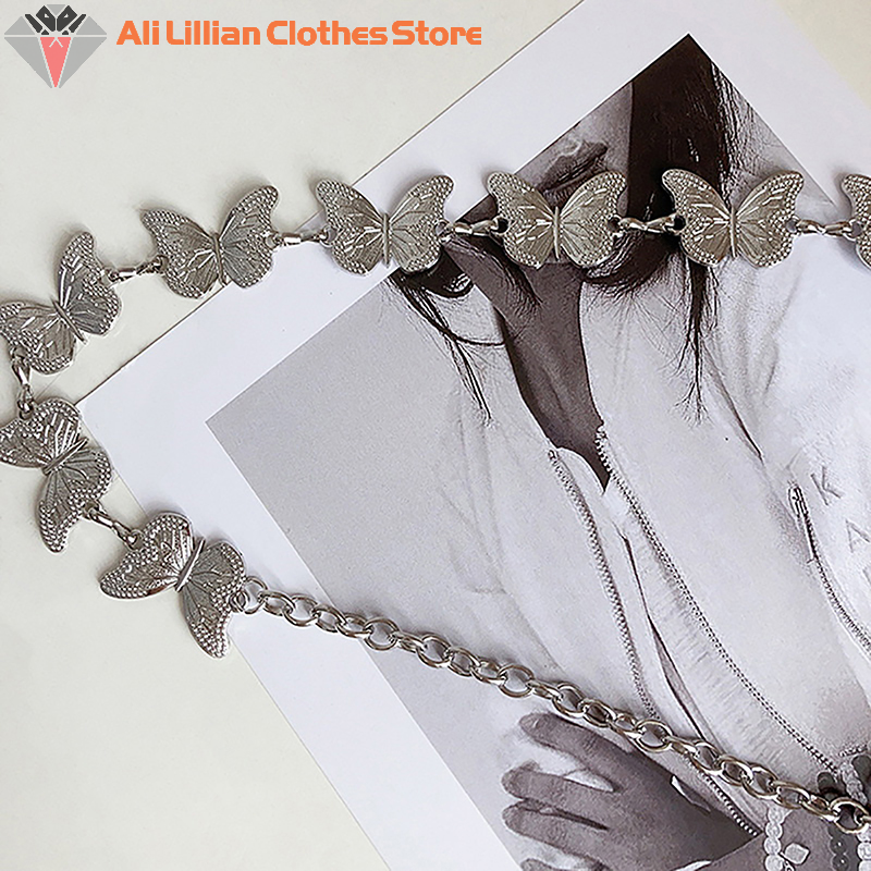 Motyl metalowy łańcuszek w talii kobiety Y2K Retro wszechstronny kolor srebrny łańcuszek w talii sukienka krótka spódniczka gotycki łańcuszek modny dodatek