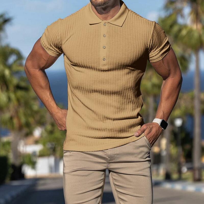 Camiseta deportiva de manga corta para hombre, Jersey ajustado con botones de solapa de Color sólido, tira elástica de entrenamiento, camisa transpirable de verano