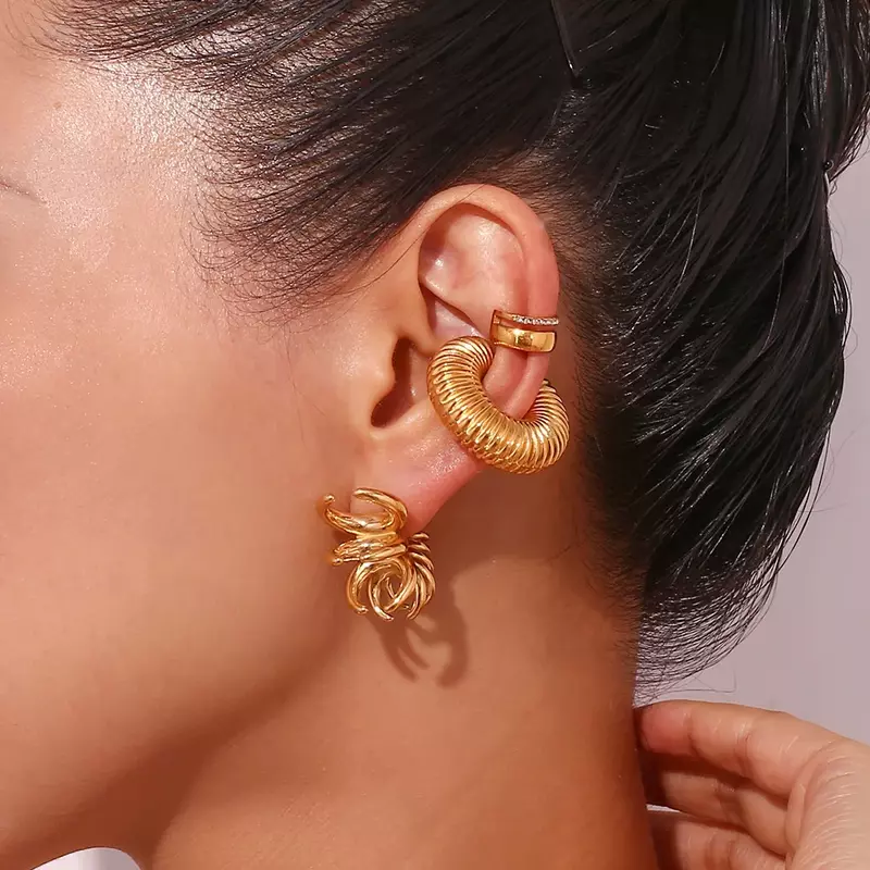 Duże złote Aros kreatywne kolczyki dla kobiet z teksturą helisy lekka fałszywy Piercing Oreja klipsy do uszu Pendientes Acero nieutlenialna
