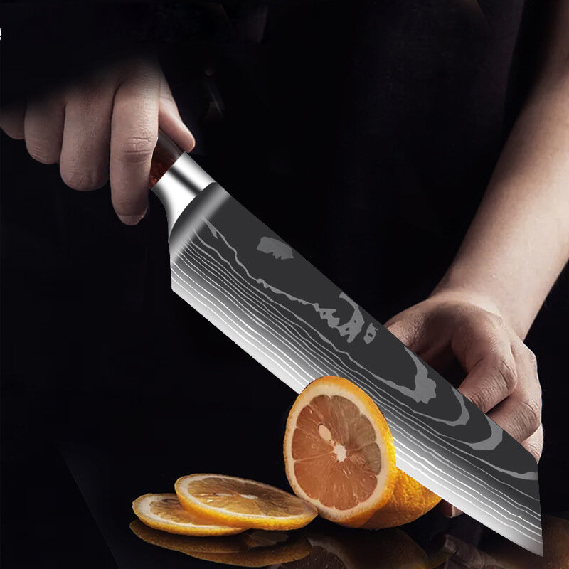 7 cr17mov coltello Santoku giapponese coltello da cuoco damasco modello Laser coltelli da cucina Set coltello per disossare mannaia per carne manico in resina rossa