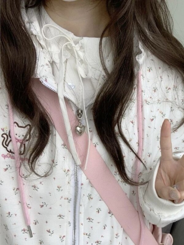 HOUZHOU-Sudadera con capucha Kawaii para mujer, suéter Harajuku con estampado Floral, bordado de gato, cremallera, moda japonesa