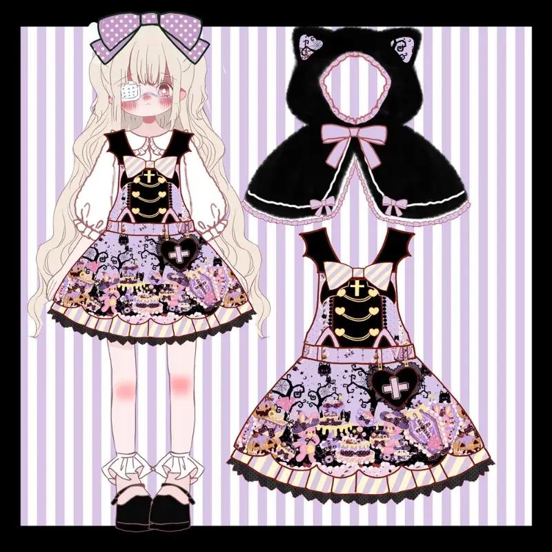 Victorian Lolita JSK Cat Ears Vestido com capuz para meninas, Cosplay gótico, vestidos kawaii, vestido com alça para mulheres, moda Halloween, japonês