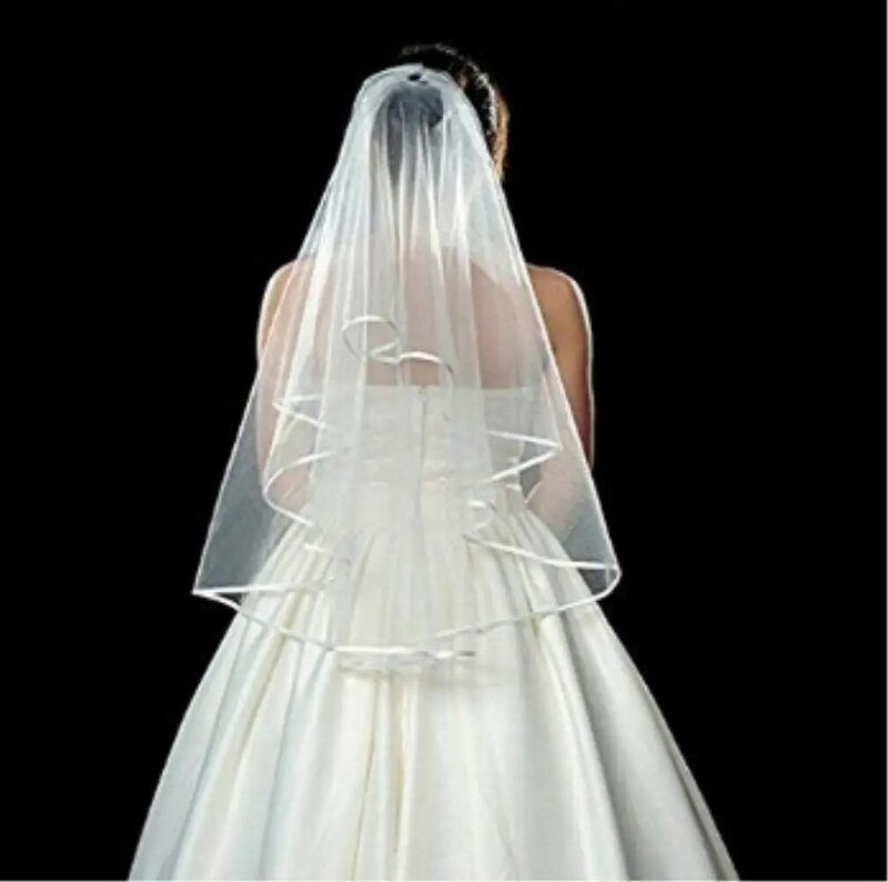 White Double Ribbon Edge Center Cascade Bridal Wedding Veil with Comb