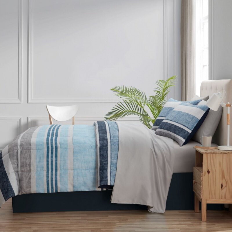 Mainliving-Blue Stripe Consolador reversível Conjunto com lençóis, cama king size em um saco, 7 pcs