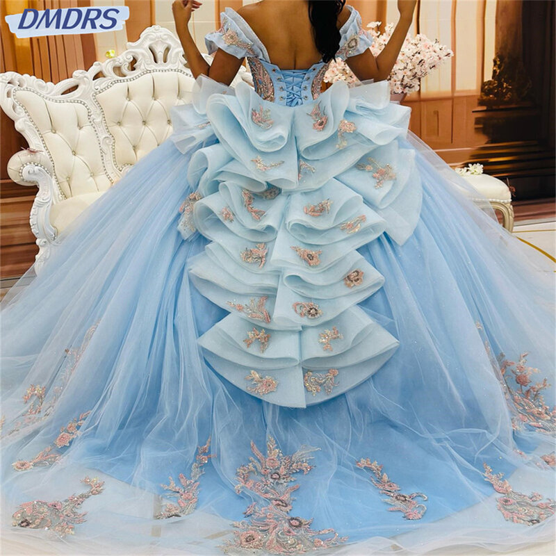 Vestido De baile De princesa con hombros descubiertos, elegante Vestido De quinceañera, apliques clásicos De lentejuelas con capa, dulce Vestido De 16