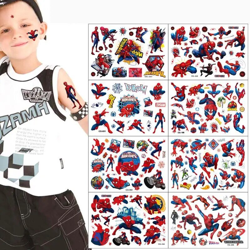 Marvel Spider-Man Tattoo Adesivos para crianças, tatuagem dos desenhos animados, Anime Body Art, presentes de aniversário, novo