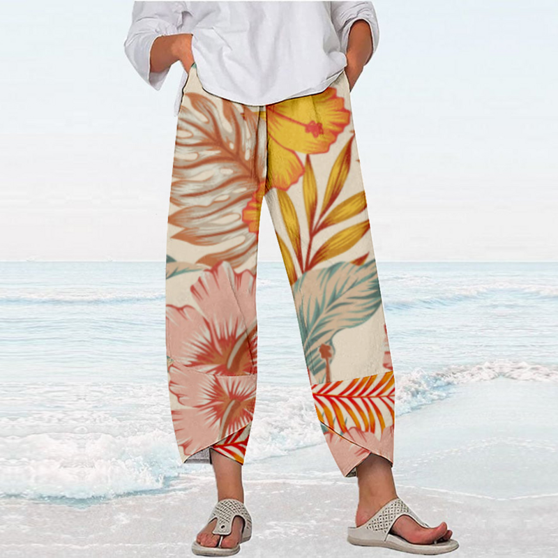 Летние штаны с растительным принтом Y2k, одежда, уличная одежда, женские пляжные брюки, свободные Капри, джоггеры, женские элегантные брюки для женщин