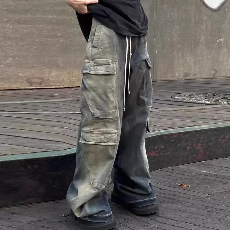 RO Style Gradient Ribbons Multi-pockets Drawstring Jeans for Men Harajuku Streetwear Baggy Y2K Denim Trousers Oversized Cargos