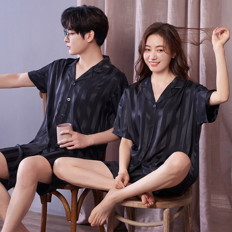 Couple Pajamas Sets Silk Satin Pyjamas Short Sleeved Men and Women Sleepwear Striped Pijamas Casual Lover Homewear Lougewear