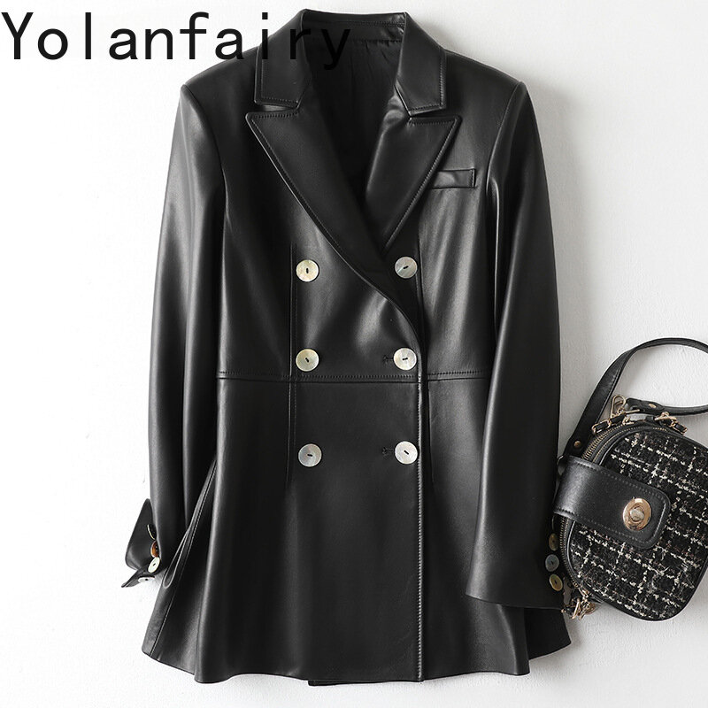 100% Genuine Leather Jackets Woman Mid-length Elegant Real Sheepskin Jacket Double-breasted Leather Coat Women Blazers Chaqueta
