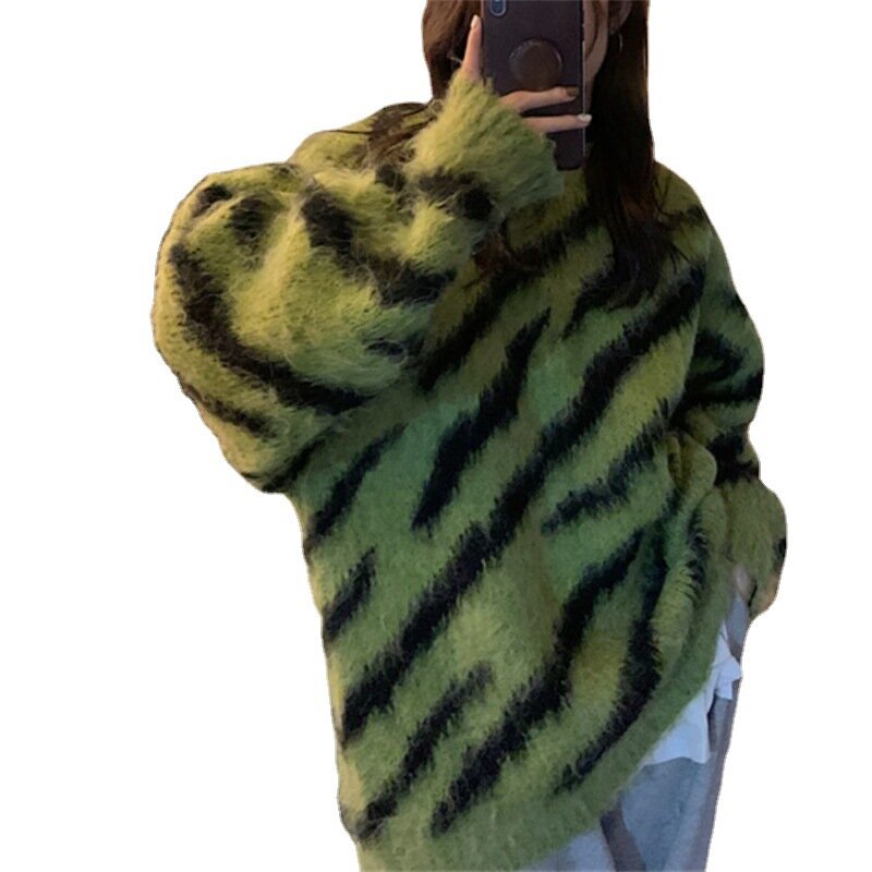 VOLALO Green Sweater wanita, kardigan rajut bergaris ukuran besar, mantel kardigan 2024 musim gugur gaya jalanan