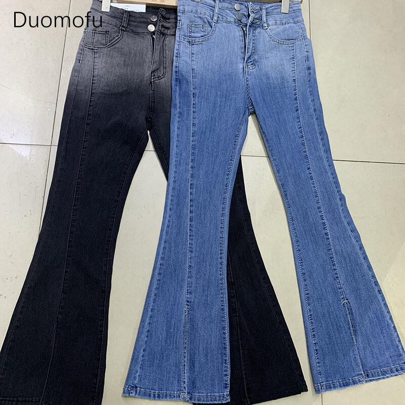 Duomofu-Jeans feminino com cor de feitiço chique de cintura alta, jeans feminino fino, botão clássico, casual simples, comprimento total, moda dividida, verão