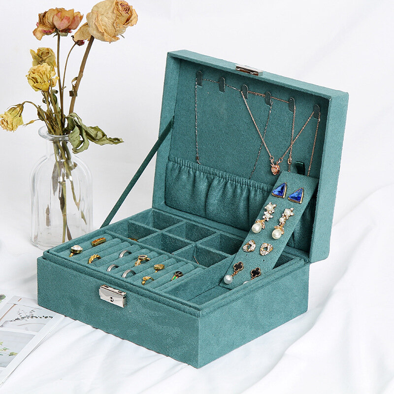 صندوق مجوهرات مخملي أوروبي ، طبقة مزدوجة ، تخزين مجوهرات ، مساحة كبيرة ، حامل مجوهرات ، هدية عيد ميلاد