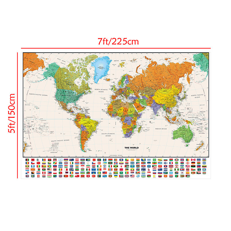 Peta dunia dengan bendera negara untuk pendidikan dan budaya, hadiah perjalanan, perlengkapan pendidikan, dekorasi kamar tidur anak 225x150cm