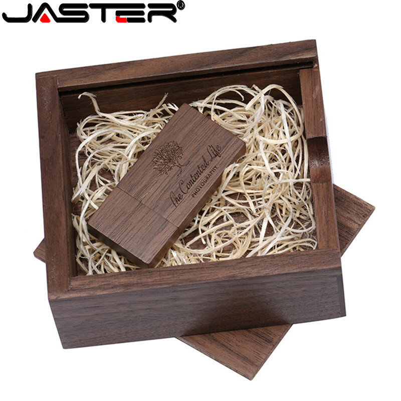 JASTER USB 2.0 (1 Buah LOGO Gratis) Usb Kayu Walnut + Kotak Usb Flash Drive Stik Memori Pendrive 4GB 16GB 32GB 64GB Hadiah Pernikahan