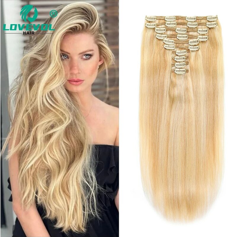 Lovevol 16“ to 24” 160G Platinum Blonde Highlights on Brown Hair Brunettes 100% Real Machine Remy Human Hair Clip in Extensions