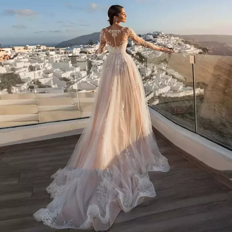 Elegant Lace Mermaid Wedding Dresses Long Sleeves Bridal Gown Illusion Tulle Button Appliques Train Vestidos De Noiva