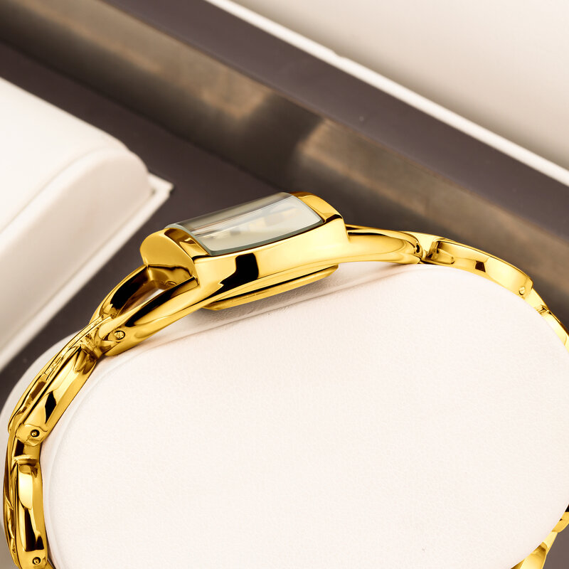 YaLaLusi-Relógio de quartzo dourado com caixa para mulheres, elegante, estilo lindo, removedor de relógios, chapeamento iônico, quente, novo, 2024