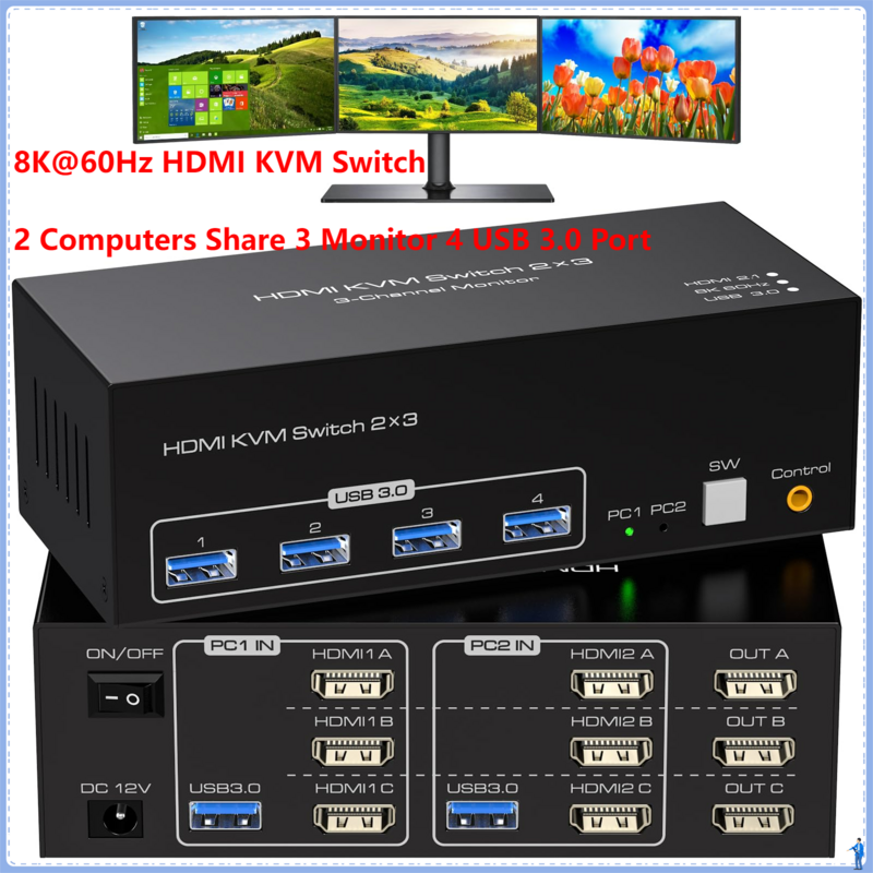 Interruptor KVM de 8K @ 60Hz HDMI, 3 monitores, 2 ordenadores, USB 3,0, Triple Monitor, compartir 1 Juego de teclado, ratón, escáner de impresora