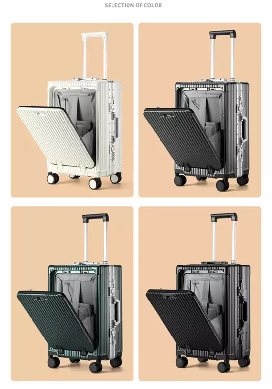 Maleta con Apertura frontal de aluminio, rotador de equipaje rodante, portavasos USB, soporte para teléfono, estilo de cremallera, 20 pulgadas