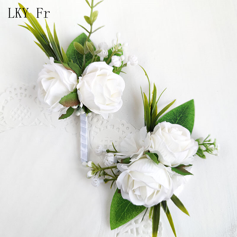 White Boutonniere Wedding Accessories Groom Buttonhole Wrist Corsage Brooch Flowers Artificial Silk Roses Bridesmaids Bracelets
