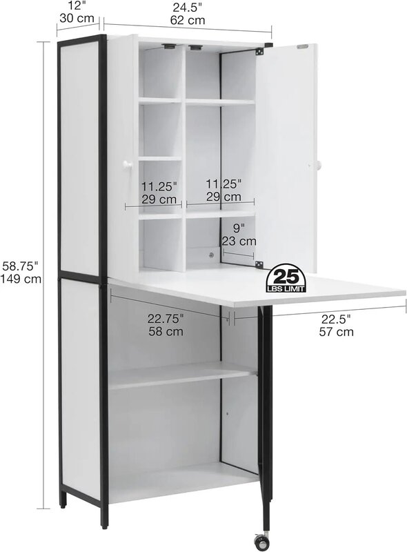 Szyte gotowe wielofunkcyjne szafy 58.75 "wysokie ze składanym blatem do szafek rzemieślniczych, biurowych lub domowych, węglowe/białe