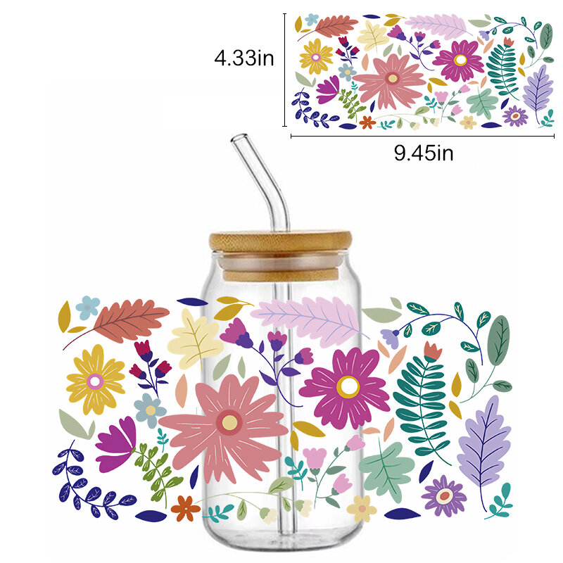 Colorido UV DTF copo envoltórios transferências, decalques, Cluster bonito flor, Libbey impermeável pode adesivos, 16oz
