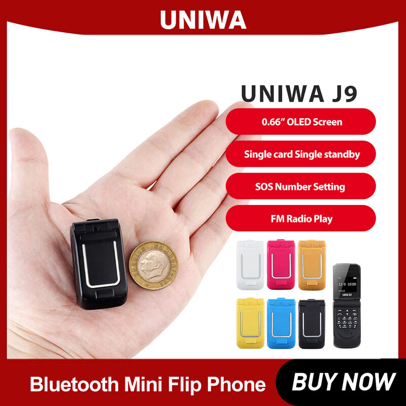 UNIWA-Mini Flip telefone móvel, Flip Flip, discador sem fio Bluetooth, FM voz mágica, fone de ouvido mãos-livres, botão Clamshell, J9, 2G