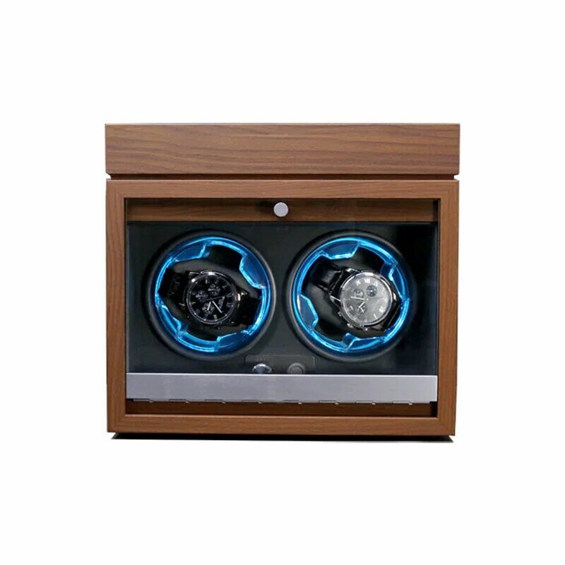 Enrolador automático de relógios, noz preta, madeira vertical, 2 epítopos, luz azul, multifuncional, armazenamento de mesa, tampa aberta