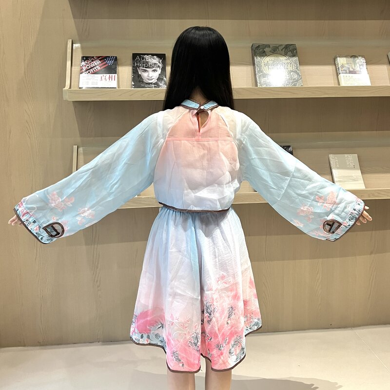 Terno feminino emparelhado de duas peças, saias de verão, vestido han, roupa de jogo, conjunto de roupas emagrecedoras, novo estilo chinês, azul