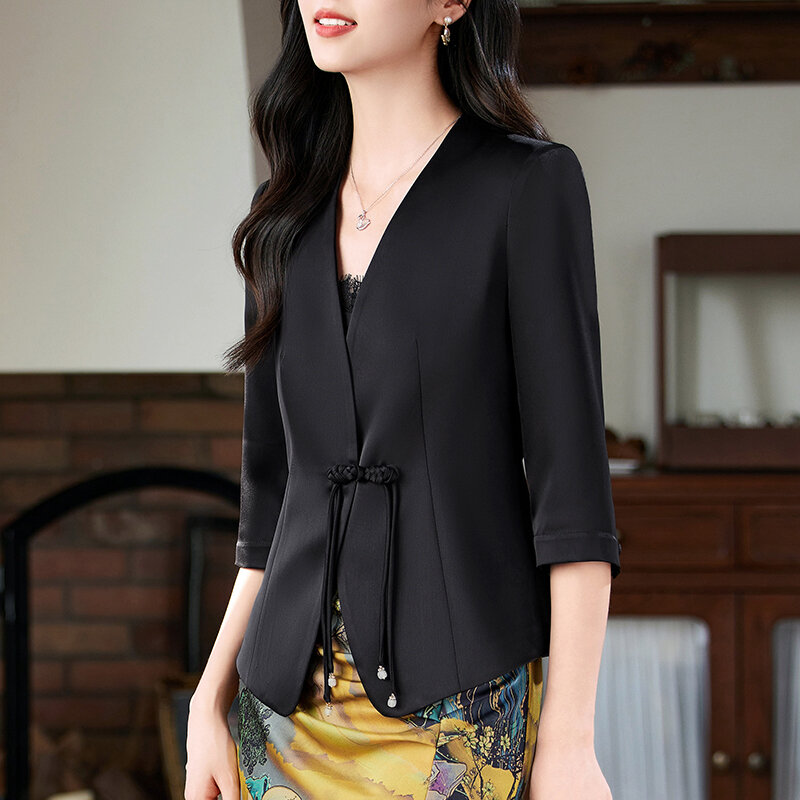 NAVIU-traje de seda satinada para mujer, abrigo de media manga, chaqueta lisa con un solo botón, elegante, para oficina