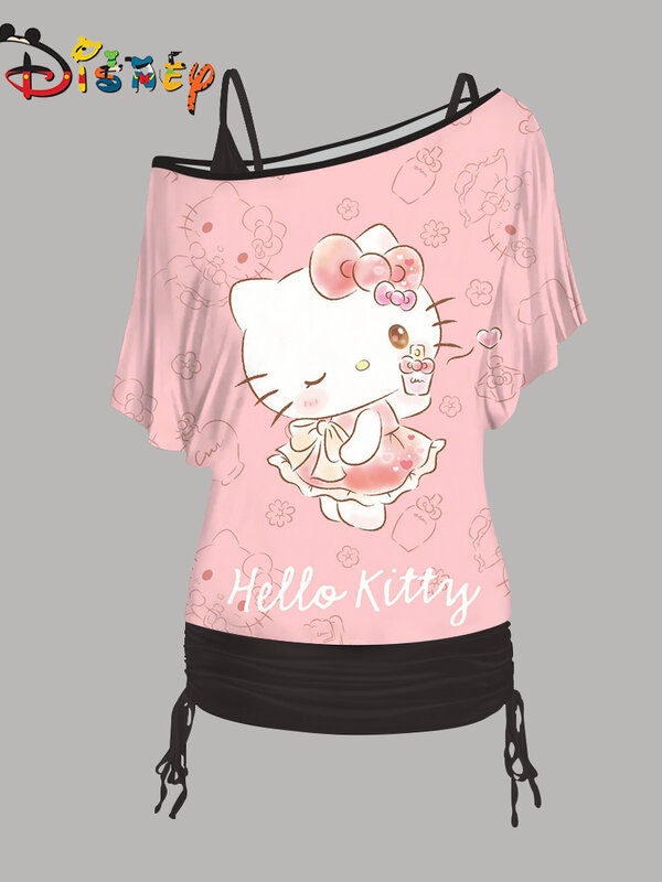 Disney-Conjunto de camiseta feminina e mini saia, tops sensuais, manga de um ombro, Hello Kitty, elegante, roupas femininas, conjunto de 2 peças