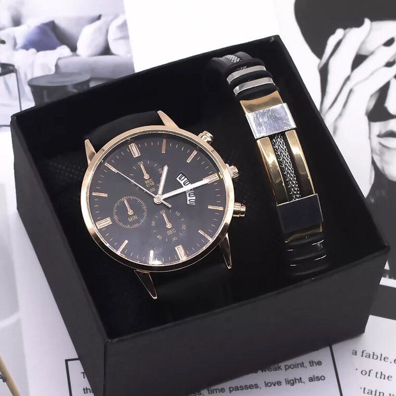 2pcs/set Man Watch Bracelet Set Fashion Leather Band Alloy Case Quartz Wrist Watch Men Calendar Clock Business Gift Set with Box
