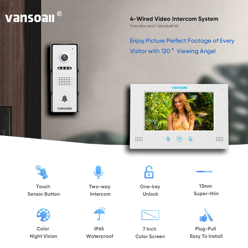 VANSOALL Video Intercom untuk apartemen Hom 4 berkabel Monitor warna 7 inci dan IP65 tahan air warna bel malam mendukung pembuka kunci