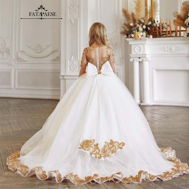 FATAPAESE Luxury Princess Ball Gowns for Kids Flower Girl Dresses Golden Appqulies Long Sleeve Maxi Dress Satin Cathedral Train